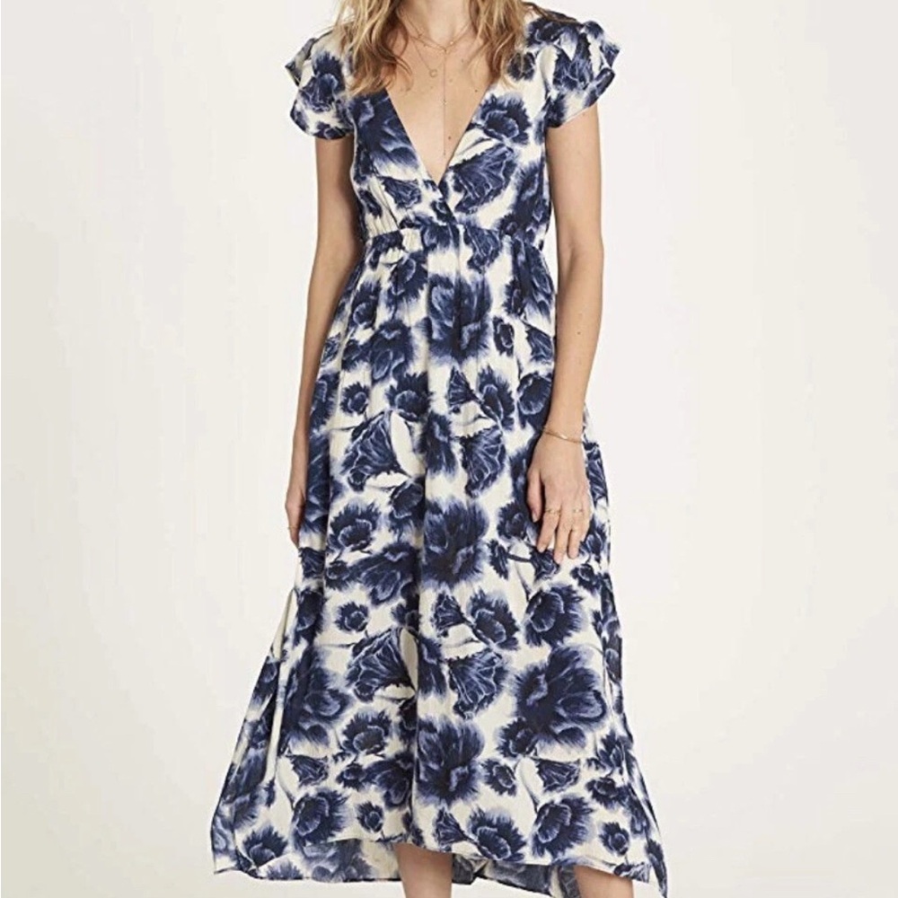 Billabong Blue and White Plunge Neck Midi Dress